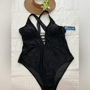 Women's Black Sexy Print One Piece Swimsuit,Plunge Neckline with Lace Up NWT